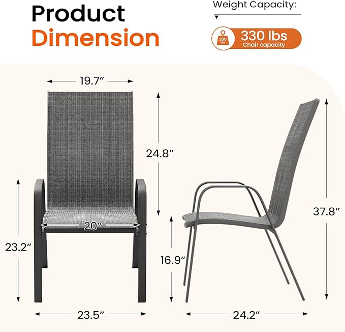 JEAREY Patio Dining Chairs Set of 4, Outdoor Stackable Dining Furniture Set, All Weather Dining Set for Lawn, Garden, Backyard, Poolside, Deep Gray JEAREYOutdoorsCollection
