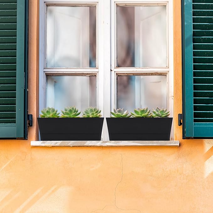 GREANER 12x3.8 Inch Herb Planters, 1 Pack Rectangle Window Boxes with Tray, Indoor Succulent Cactus Mint Plastic Pot for Windowsill, Balcony, Office, Outdoor Garden - Black GREANER