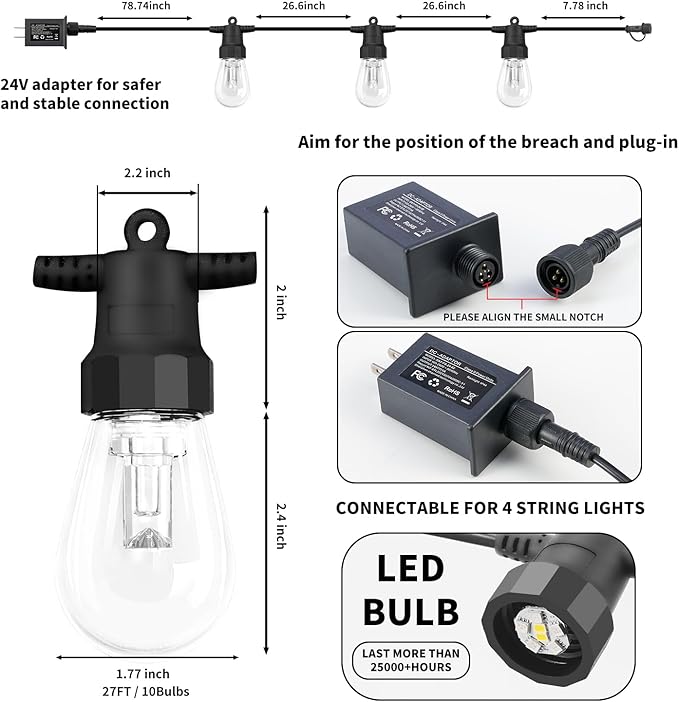 Outdoor String Lights 27FT, Outdoor Lights for Patio with 10 Dimmable RGBW LED Bulbs, IP66 Waterproof Shatterproof, with APP Control & Remote, 24V Adapter Color Change,for Backyard Decor CAWWS