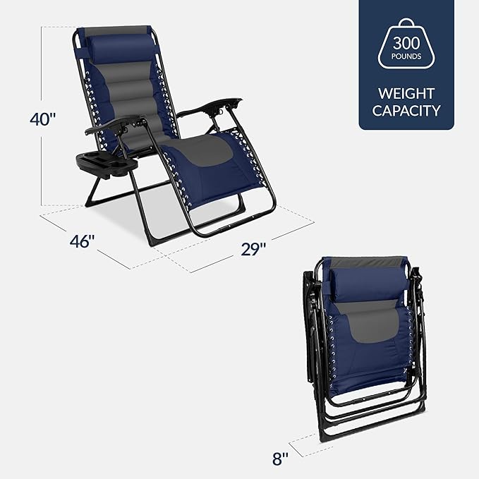 Best Choice Products Oversized Padded Zero Gravity Chair, Folding Outdoor Patio Recliner, XL Anti Gravity Lounger for Backyard w/Headrest, Cup Holder, Side Tray, Polyester Mesh - Navy/Gray BestChoiceProducts