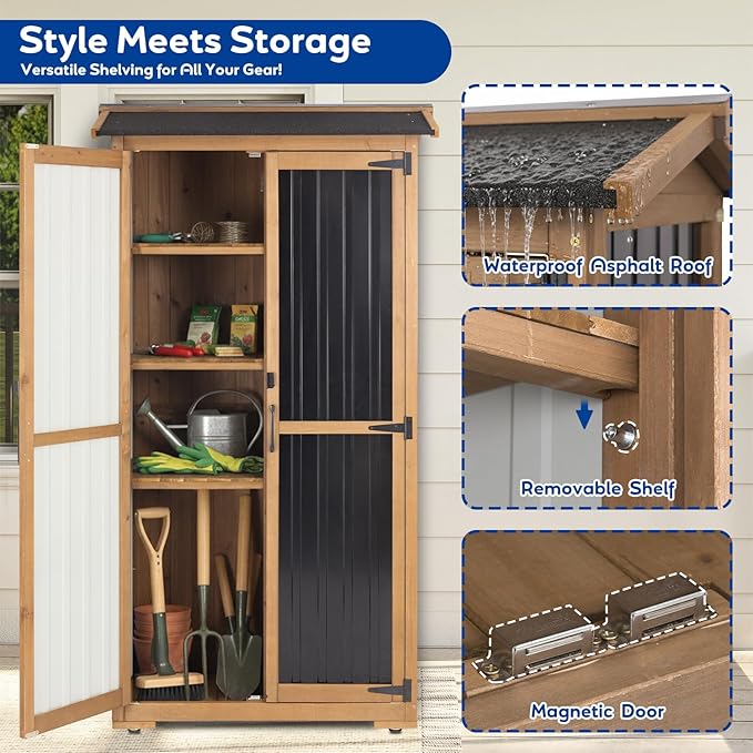 Outdoor Storage Cabinet Weather-Resistant, Wood & Metal Storage Shed with 3 Removable Shelves, Waterproof Roof, Adjustable Feet, Patio Storage Cabinet Outside for Garden Garage Backyard Pool PETSCOSSET
