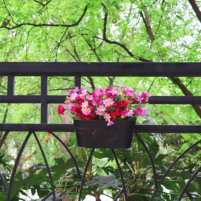 3 Pack Metal Railing Planters, 10.5" Oval Hanging Flower Pots with Detachable Hooks & Drainage Holes, Fits Rails up to 2.36", Galvanized Iron Fence Bucket for Balcony Garden Patio - Letter Black MeltsetM