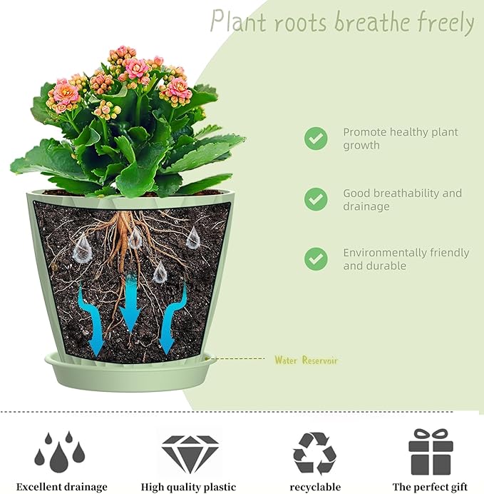 4 Inch Plant Pots, 6 Pack Indoor Flower Pots, Planters with Drainage Holes and Trays for Orchids, Violets, Succulents, Herbs, and Other Plants,Green SQKH