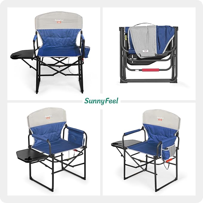 SUNNYFEEL Heated Camping Directors Chair, Heavy Duty,Oversized Outdoor Portable Heating Folding Chair with Side Table, Pocket for Beach, Fishing,Trip,Picnic,Lawn,Concert Foldable Camp Chairs SunnyFeelCamping
