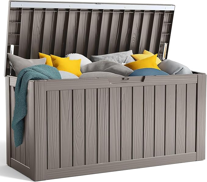 90 Gallon Resin Deck Box, Lockable Patio Outdoor Storage Box for Furniture, Garden Tools and Tools Storage, Waterproof Outside Storage Boxes - Grey OutdoorLivingPerfected