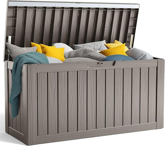 90 Gallon Resin Deck Box, Lockable Patio Outdoor Storage Box for Furniture, Garden Tools and Tools Storage, Waterproof Outside Storage Boxes - Grey OutdoorLivingPerfected