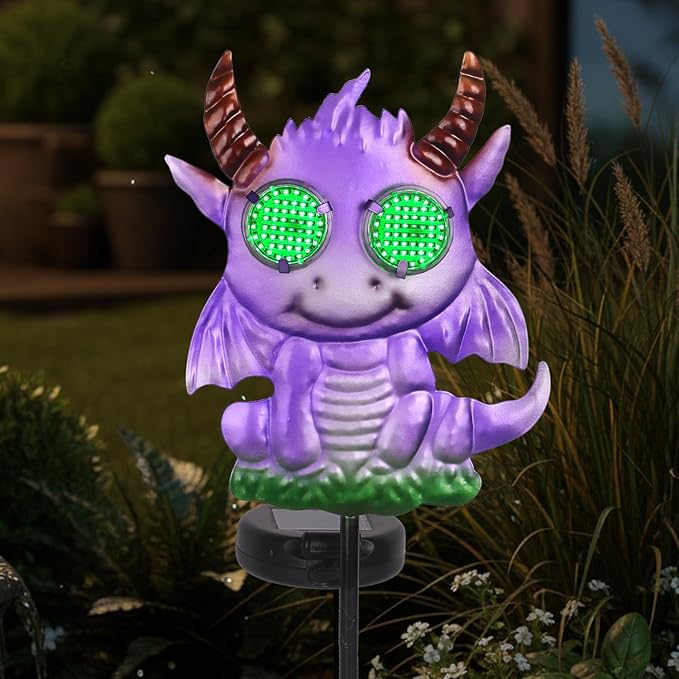 Fantasy Dragon Garden Stakes Decorative 39.7" with Moving Solar Eyeballs, Purple Dragon Garden Decor Pathway Lights for Outside Patio Lawn Yard Metal Art YHSOLAR