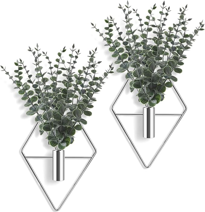 Jexine 4 Pcs Hanging Planters with Artificial Eucalyptus Metal Hanging Vase Indoor Plants Holder Modern Geometric Boho Bathroom Wall Decor for Living Room Home Office (Eucalyptus,Silver) Jexine