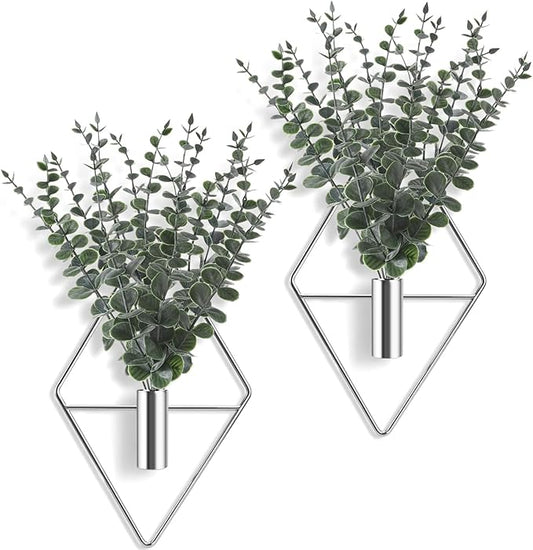 Jexine 4 Pcs Hanging Planters with Artificial Eucalyptus Metal Hanging Vase Indoor Plants Holder Modern Geometric Boho Bathroom Wall Decor for Living Room Home Office (Eucalyptus,Silver) Jexine