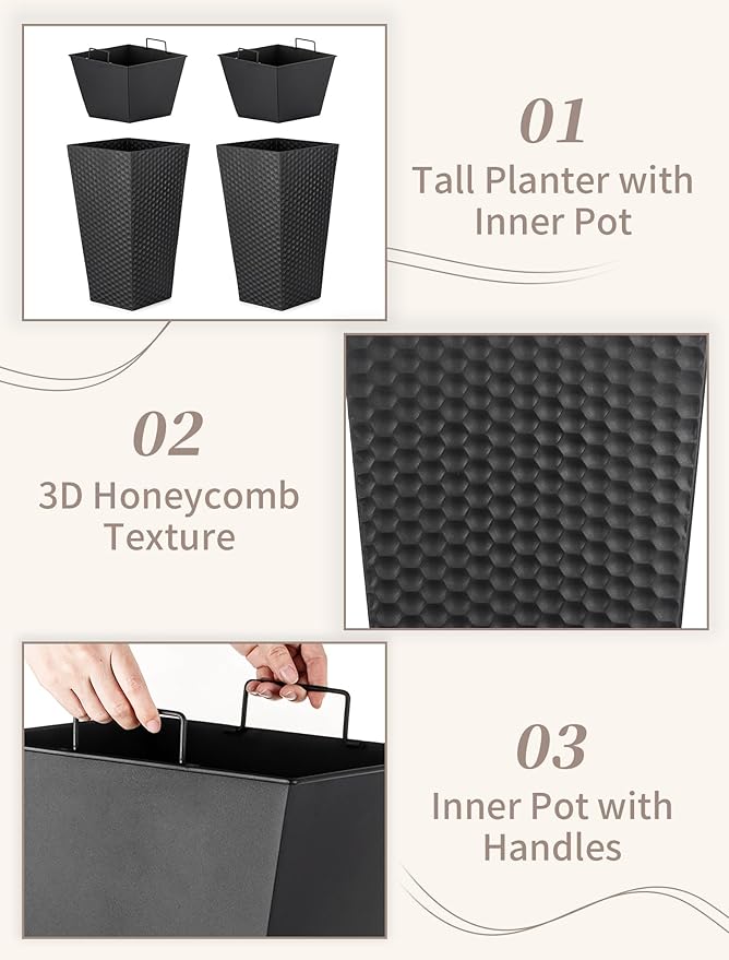 Sziqiqi Tall Planter for Indoor Outdoor: Set of 2 Large 21.6in Metal Taper Plant Pots with Inner Pots - Square Black Flower Pot with Drainage Holes for Outside Front Door Patio Garden Floor SZIQIQI