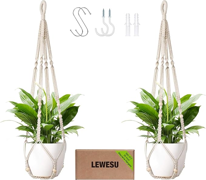 Macrame Plant Hanger Indoor Set of 2 with 4 Hooks, Indoor Outdoor Hanging Planter for Plants Holder with Decorative Wood Beads & No Tassels, Boho Home Decor, 35 Inch Ivory (Pots Not Included) Rootora