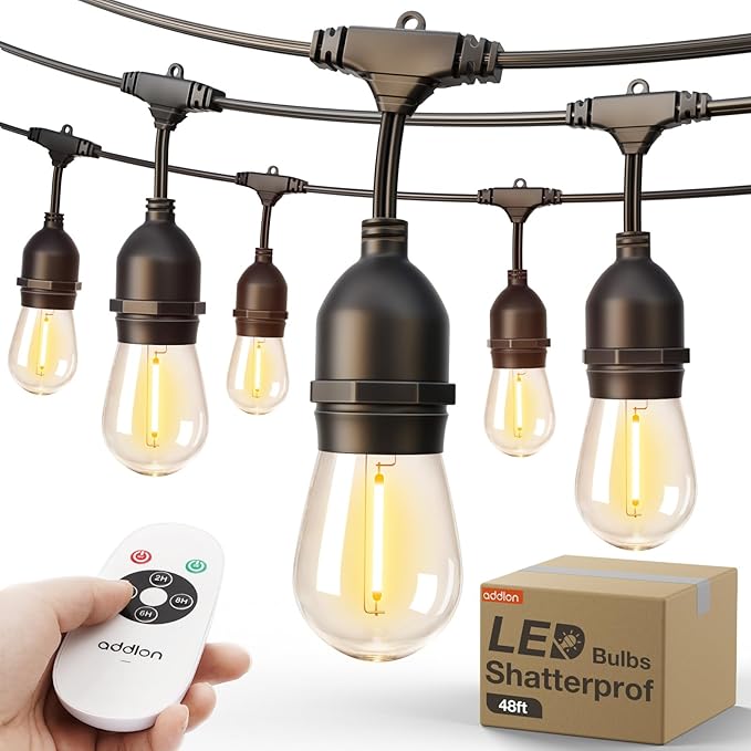 addlon Outdoor String Lights Timer Control, 48FT LED Patio Light with Edison Vintage Shatterproof Bulbs and Commercial Grade Weatherproof Strand - ETL Listed Heavy-Duty Decorative Lighting addlon