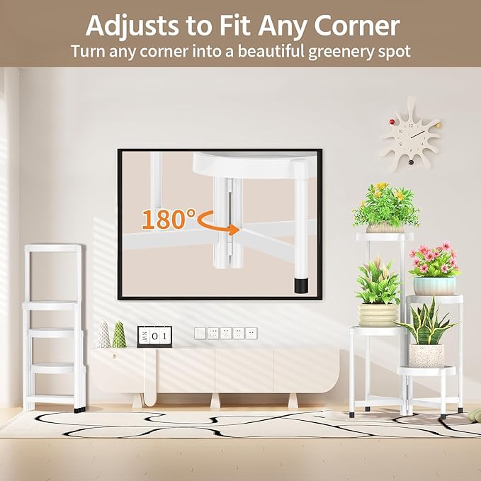 LASZOLA 4 Tiered Folding Plant Stand Indoor for Multiple Large Planter, Tall Heavy Duty Adjustable Rack with Rust Proof Plastic Shelving, Sturdy Vertical Tree Organizer for Narrow Inside Floor, White LASZOLA