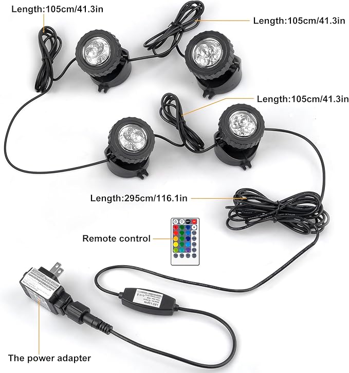 RGB Pond Lights with Timer, LED Underwater Submersible Colorful Landscape Spotlights, 98ft Remote Control IP68 Waterproof Fountain Lights for Fish Aquarium Tank Garden Yard Pool (Set of 4) CREPOW