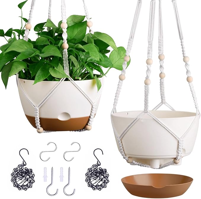 Set of 2-10 Inch Hanging Planters for Indoor Plants with Self-Watering Includes Hanging Pots for Plants, Outdoor Hanging Plant Pot with Drainage, and 2 Types of Hanging Baskets Hangers (White, 10inch) Montresor