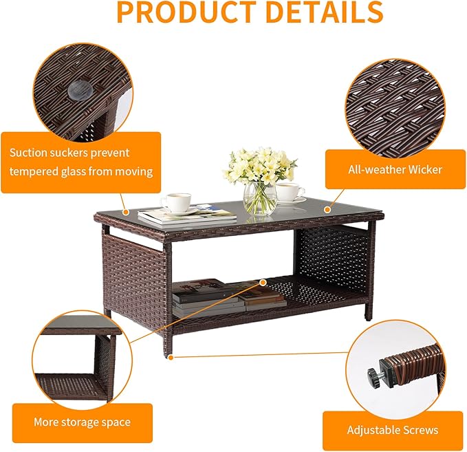 VINGLI Outdoor Wicker CoffeeTable Patio Coffee Tables for Outside, Tempered Glass Top Wicker Table with Storage Coffee Table for Patio Balcony Porch Deck (Brown) VINGLI