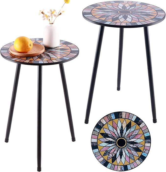 Party Zealot Metal Mosaic Round Side Tables Set of Two 13.4" Small Outdoor Patio Round Accent Coffee Tables Indoor Corner Stand for Small Spaces Weather-Resistant for Balcony Plant Stand PartyZealot