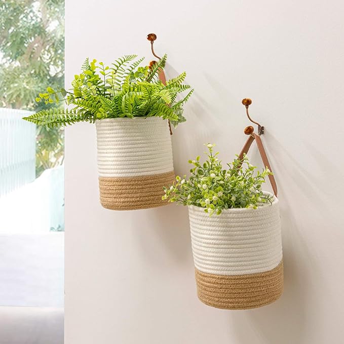 Goodpick 2pack Jute Rope Hanging Basket - Small Woven Fern Wall Hanging Baskets Flower Plants, Woven Basket Key Storage Baskets, White and Jute 7.87 x 7 x 11.7 inches Goodpick