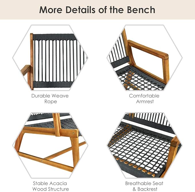 Tangkula 2-Person Patio Acacia Wood Bench Loveseat, Outdoor Patio Rope Bench in Teak Oil Finish, for Balcony Deck Poolside Porch (Grey) TANGKULA