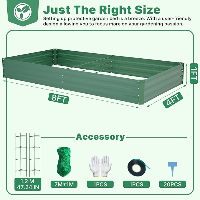 ONCEMORE Galvanized Raised Garden Bed for Vegetables Flowers Herbs, Metal Raised Garden Bed Kit with 2 PCS Tomato Cage, Gloves, Trellis Netting, Plant Labels, Plant Ties, Green 8×4×1FT ONCEMORE