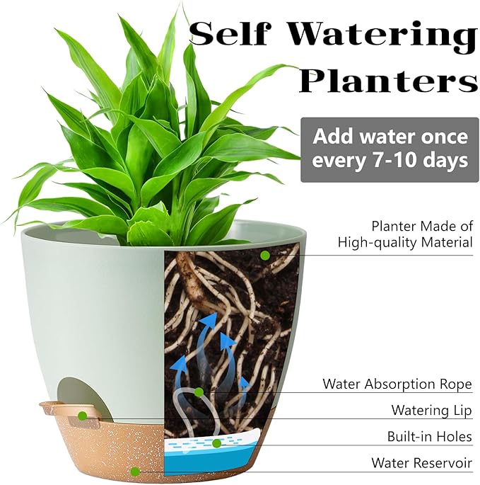 Self Watering Planter Pots Set of 5 - Green Plastic Indoor Pots with Drainage Holes, Saucers and Reservoir for Home Decor, Office Desk, Windowsill, Shelf (Gift Idea) SESUN-E