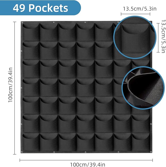 49 Pockets Hanging Planter Bags, Hanging Vertical Wall Mounted Plant Planting Grow Bags, Herb Garden Planter Outdoor Indoor Growing Bag, Gardening Vertical Greening Flower Container(1m×1m, Black) Pehciroe