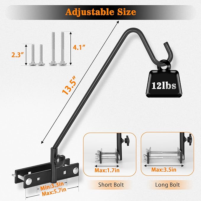 FEED GARDEN 2 Pack 13.5 Inch Deck Hooks for Vertical Railing, Adjustable Deck Bird Feeder Hanger for Hanging Lanterns, Wind Chimes, Flower Baskets, Suet Feeders FEEDGARDEN