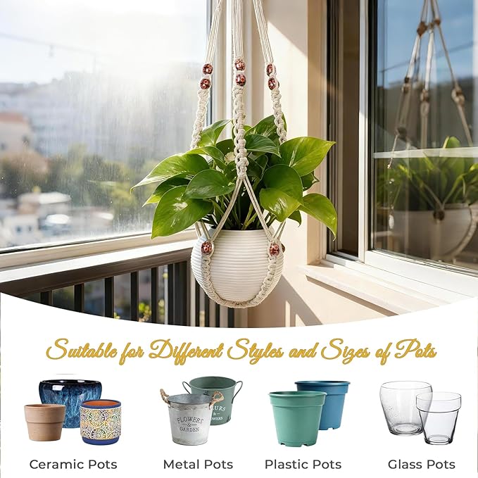 35 Inch Macrame Plant Hanger, Large for up to 15 Inch Pot Extra Long Hanging Planter Holder Basket with Wood Beads for Indoor Outdoor Home Decor (Ivory, 1-Pack) Rootora