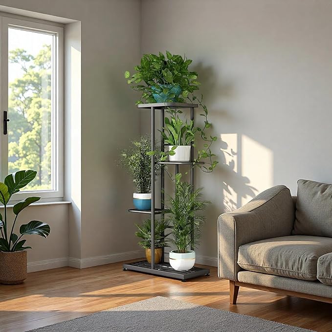 LINZINAR Plant Stand Indoor Outdoor Corner 4 Tier Metal Plant Shelf Patio Plant Rack for Garden Corner Balcony Living Room LINZINAR