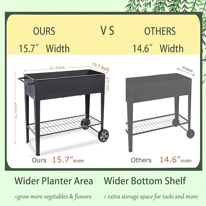 31.5" Tall Raised Garden Bed with Wheels, Extra 15.7" W Planter Box (400 lbs Loads) with Storage Shelf & Handle,Heavy Duty Metal Garden Planter for Vegetables, Herbs & Flowers, Patio & Balcony FOYUEE