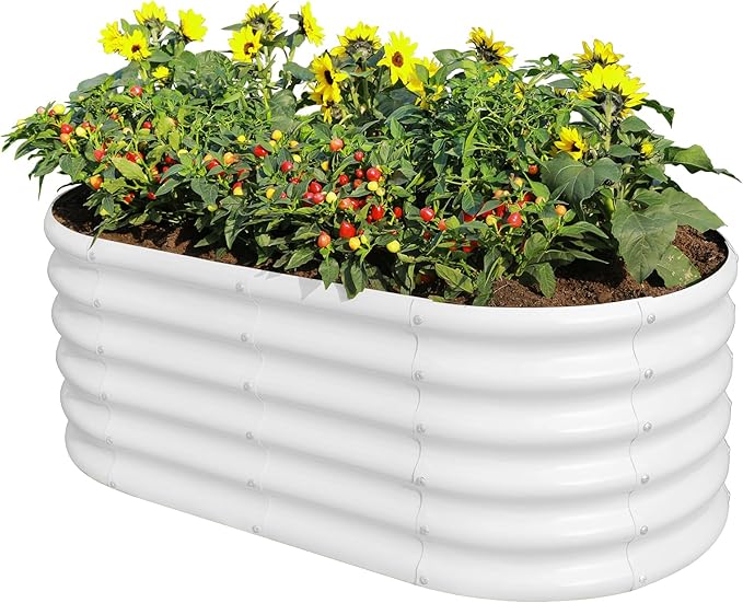 Land Guard 18“ Tall 4×2ft Galvanized Raised Garden Bed Kit, Galvanized Planter Garden Boxes Outdoor, Oval Large Metal Raised Garden Bed for Vegetables……… (Pearl White, 4×2×1.5ft) LandGuard