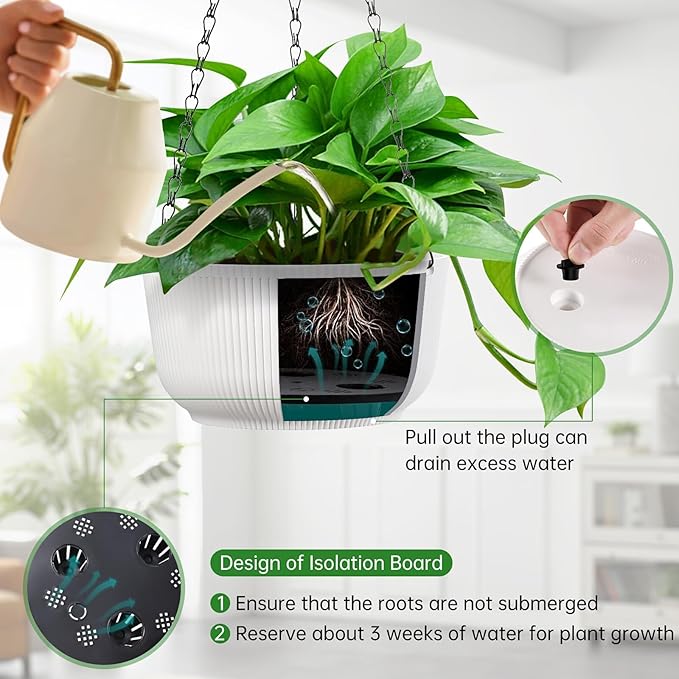 10 Inch Hanging Planters for Outdoor Indoor Plants, Set of 2 Self-Watering Hanging Pots with Drainage Hole & Plug II Screw-in Hooks II Non-deforming Rootora