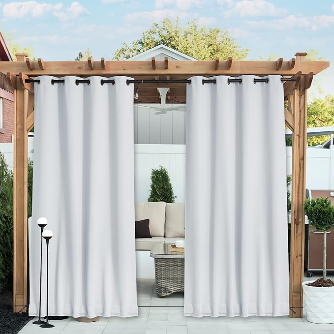 NICETOWN 2 Panels Outdoor Curtains for Patio Waterproof Extra Long 120", Windproof Thermal Insulated Top & Bottom Grommet & Back Tab Blackout Porch Drapes with Rope for Fixed, Greyish White, 52" Wide NICETOWN