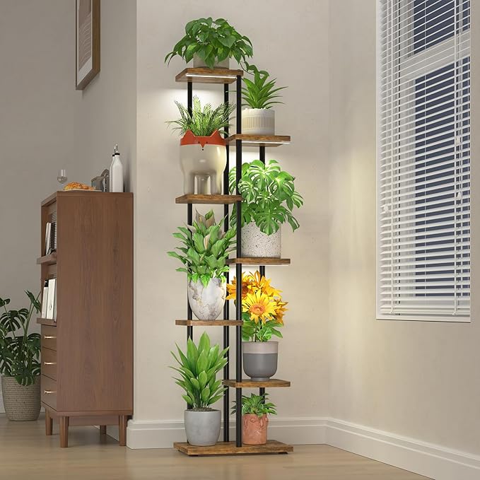LASZOLA Black 6 Tier Wood Tall Plant Stand Indoor with Grow Lights, Large Heavy Duty Vertical Corner Rack for Multiple Planter, Sturdy Metal Rustic High Flower Shelf Holder Organizer for House Patio LASZOLA