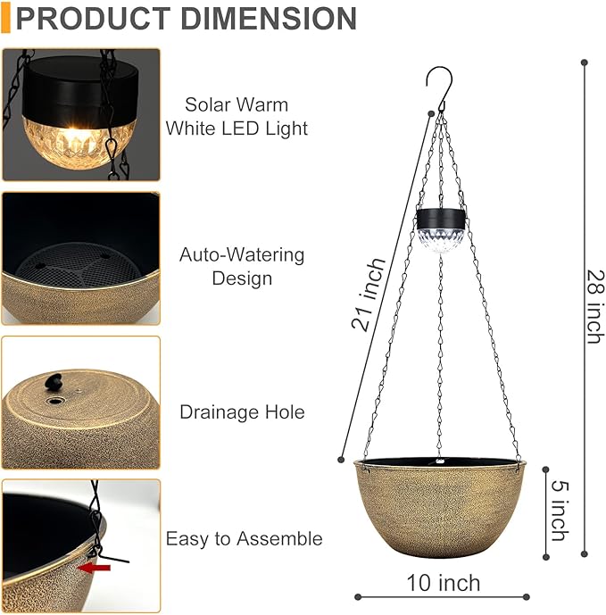 2 Packs Hanging Planters Basket for Outdoor Plants, Solar Powered Self Watering Copper Round Plastic Flower Pots with Drainer for Balcony Patio Garden Outdoor Decoration SUNNYPARK