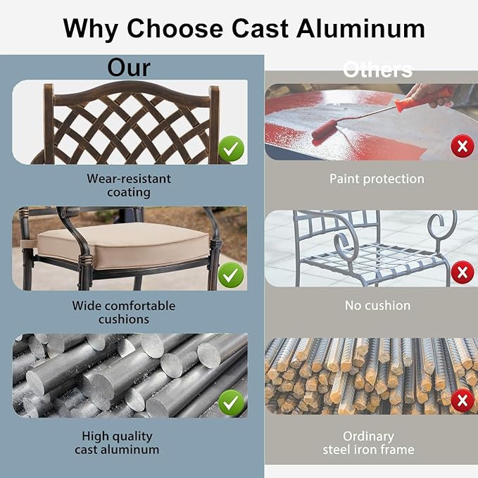 7-Piece Cast Aluminum Patio Furniture, Patio Dining Set for 6 Include 59" Rectangular Outdoor Dining Table and 6 Stackable Chairs with Cushions & Umbrella Hole (Bronze) Rootora