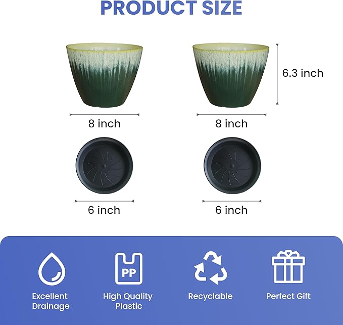 Pack of 2 Flower Pots, Plastic Plant Pots with Drainage Holes, 8 inch Modern Glossy Finishing Planter for Indoor Outdoor Plants (Green Glaze, 2 Pack) LesOasis