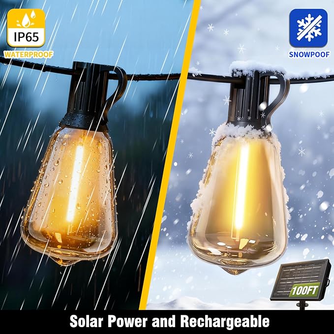 100FT Solar String Lights Outdoor Waterproof with Remote & Timer, LED Shatterproof ST38 Bulbs, USB & Solar Powered Patio Lights for Backyard, Porch, Garden, Wedding, Christmas Decor SkoiucLights