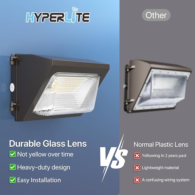 HYPERLITE LED Wall Pack Light 50W 2Packs with Dusk-to-Dawn Photocell,Glass Lens 6750LM LED Wall Packs Outdoor Lighting,Wall Pack Lights Outdoor Led for Yard Barn Parking Lots Warehouse UL Listed HYPERLITE