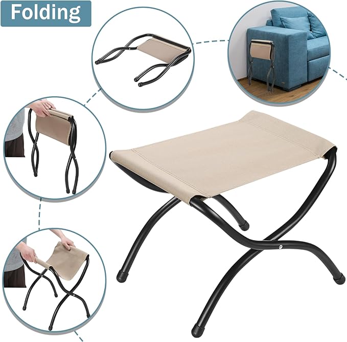 15" Foldable Foot Stool Ottoman with Metal Frame - Washable Black Upholstered Indoor/Outdoor Footrest for Living Room, Bedroom, Patio - Space-Saving Compact Design WELL-STRONG