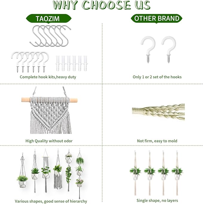 Macrame Plant Hangers, 6Pack Hanging Plant Holders Indoor w/ 6 Set Hooks Handmade Cotton Rope Plant Hangers Set Flower Pots Holder Stand Boho Home Decor Hanging Planters for Indoor Outdoor Plants TAOZIM