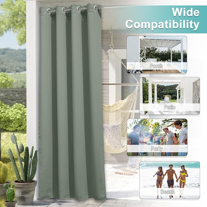 NICETOWN Outdoor Curtainch for Patio Waterproof 140 inch Wide, Rustproof Grommet Thermal Insulated UV Blocking Cabana Curtainch & Drape, Privacy Safe Shade for Pergola, Sage Green, 1 PC, 95-Inch Long NICETOWN