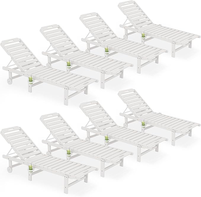 SERWALL Outdoor Chaise Lounge Set of 8, HDPE Pool Lounge Chairs with 5-Position Adjustable Backrest, Patio Loungers with Rolling Wheels & Cup Holder for Pool Sunbathing, White SERWALL