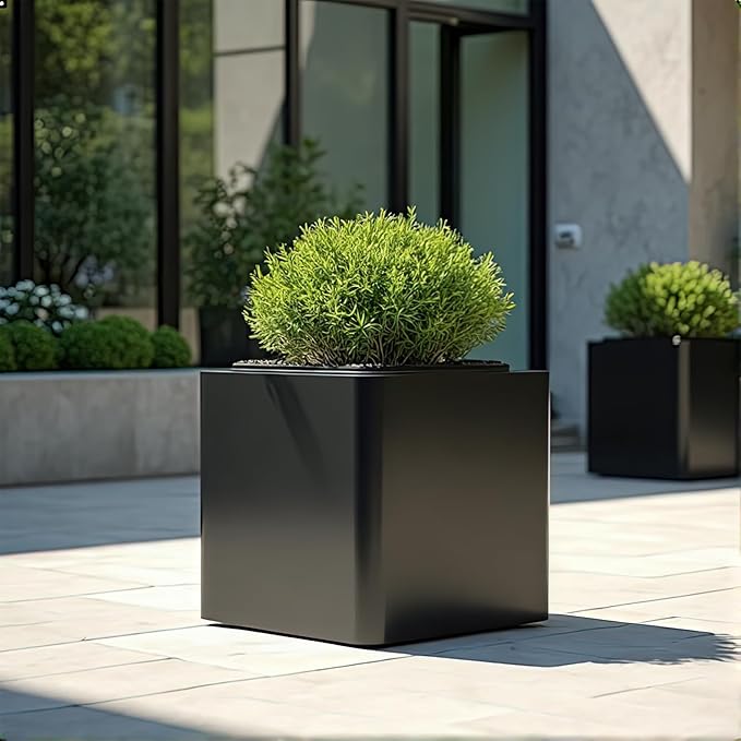 Large Metal Square Planter 20" L x 20" W x 20" H, Black Large Outdoor Planters with Drainage Hole for Porch/Patio/Garden Gardenaire