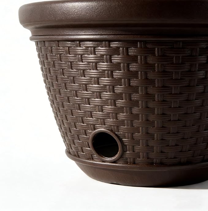 Decorative Wicker Garden Hose Holder Pot - 100 Foot Hose Storage with 4 Drain Holes, Java Brown Resin Outdoor Container, 18 x 12 Inch Rootora
