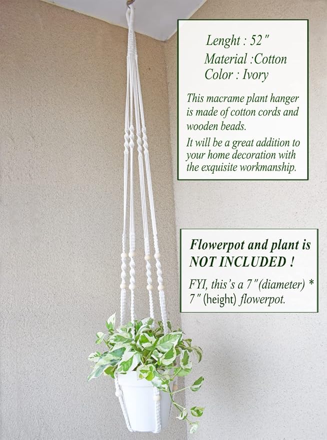 Macrame Plant Hanger Extra Long (52") Indoor Plant Holder with Beads, no Tassel- Long Plant Hanger for Tall Ceiling- Hanging Plant Holder for 6”-14”Pots -(1 Pack) Xibelezal