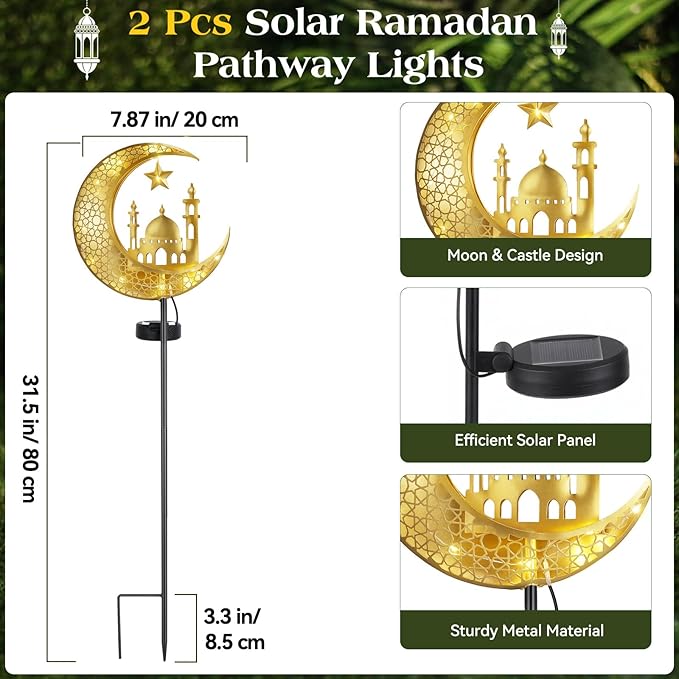 Lewondr 2Pcs Ramadan Solar Lights, Ramadan Decorations Outdoor, Metal Yard Signs LED Eid Decorations Mubarak Star Moon Castle, Waterproof Solar Garden Stakes Lights for Walkway Lawn Patio Lewondr