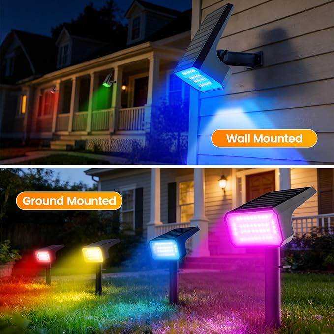 Fabrito Color Changing Solar Spot Lights Outdoor 8 Pack, [6+1 Lighting Modes] Auto On/Off RGB Spotlights, Waterproof Multicolor Landscape Lights for Garden, Tree, Halloween, Christmas Fabrito