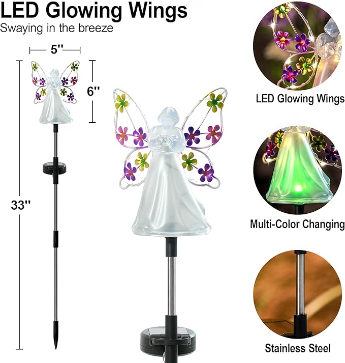 Angel Solar Lights for Cemetery Memorial Gift Grave Decorations Solar Angel Stake Lights Outdoor Waterproof Garden Decor Yard Lawn Ornaments, Angel Gifts for Women 2 Pack ELFENGARDEN