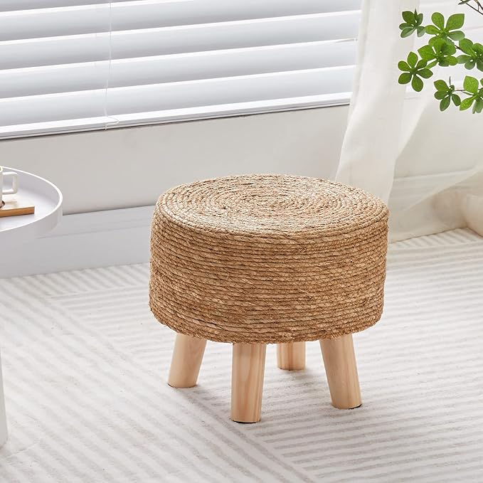 Cpintltr Foot Stool Natural Seagrass Hand Weave Poufs Round Ottoman for Couch Desk Soft Step Stool Padded Foot Rest with Non-Skid Pine Legs for Hallway Office Lounge Natural CpintltrFruniture